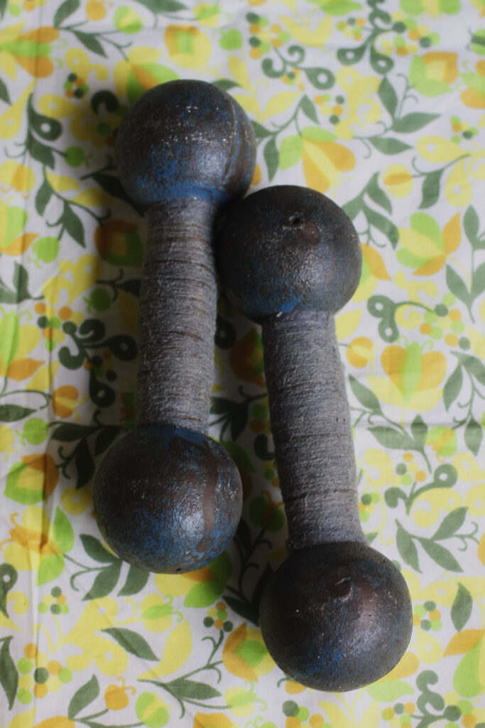 Two dark metal dumbbells with wrapped handles resting on green-and-yellow patterned fabric.