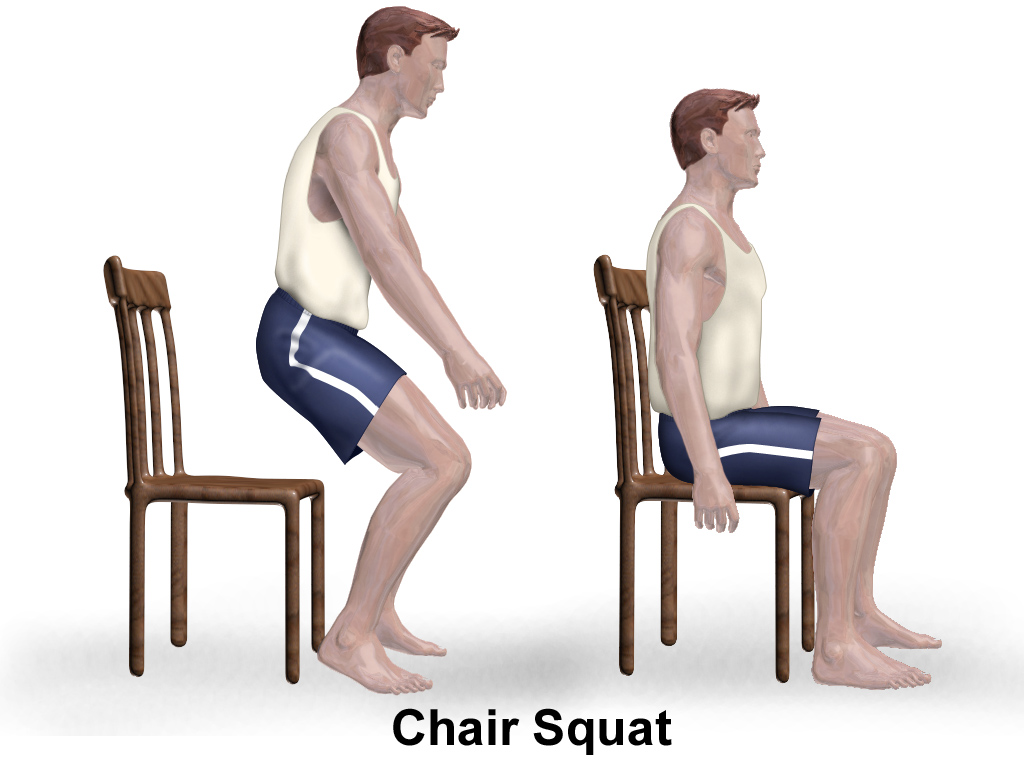 Side-view illustration of a person lowering toward a chair and sitting with feet on the floor.